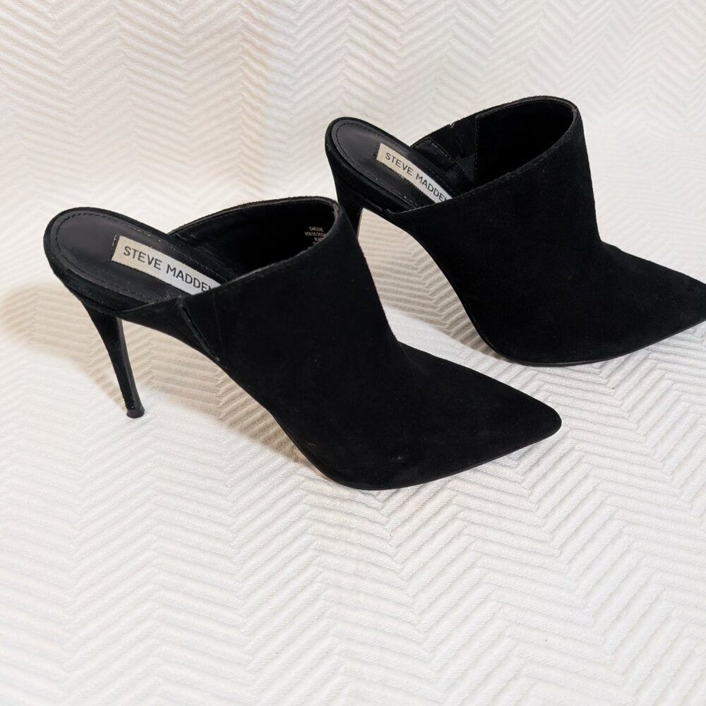 Steve Madden Darlene Black Suede Stiletto Mules Pointy Toe High Heels Size 8 - Picture 2 of 11